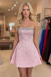 Dressystars Pink Strapless A-Line Short Homecoming Dress with Rhinestones