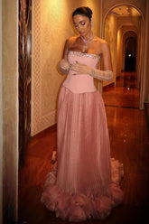 Dressystars Pink Strapless Corset Prom Dress With Beaded Bodice And Tulle Skirt Formal Evening Gown