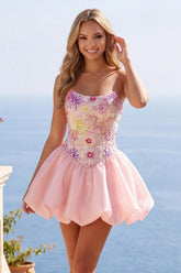 Dressystars Pink Strapless Floral Beaded A-Line Short Homecoming Dress
