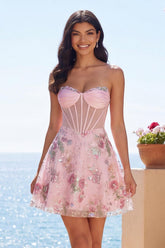 Dressystars Pink Strapless Floral Beaded Corset A-Line Short Homecoming Dress