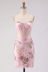 Dressystars Pink Strapless Floral Beaded Corset Tight Short Homecoming Dress