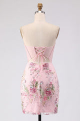 Dressystars Pink Strapless Floral Beaded Corset Tight Short Homecoming Dress