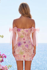 Dressystars Pink Strapless Floral Beaded Tight Short Homecoming Dress with Bows