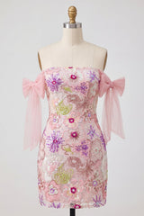 Dressystars Pink Strapless Floral Beaded Tight Short Homecoming Dress with Bows