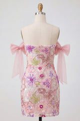 Dressystars Pink Strapless Floral Beaded Tight Short Homecoming Dress with Bows