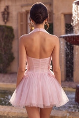 Dressystars Pink Tulle A-Line Halter Short Homecoming Dress with 3D Flowers