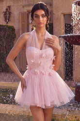 Dressystars Pink Tulle A-Line Halter Short Homecoming Dress with 3D Flowers