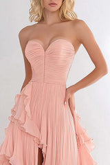 Dressystars Pink Wedding Guest Dress A Line Sweetheart Chiffon Long Prom Dress With Ruffles