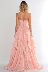 Dressystars Pink Wedding Guest Dress A Line Sweetheart Chiffon Long Prom Dress With Ruffles