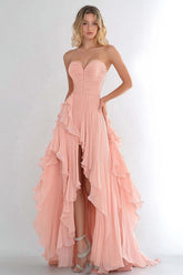 Dressystars Pink Wedding Guest Dress A Line Sweetheart Chiffon Long Prom Dress With Ruffles