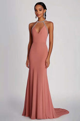 Dressystars Pink Wedding Guest Dress Halter Neck Sheath Long Formal Dress With Beading