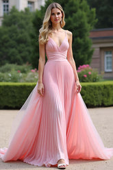Dressystars Pink Wedding Guest Dress Pleated A Line Spaghetti Straps Long Formal Dress