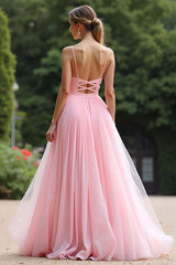 Dressystars Pink Wedding Guest Dress V-Neck A Line Ruched Long Formal Dress