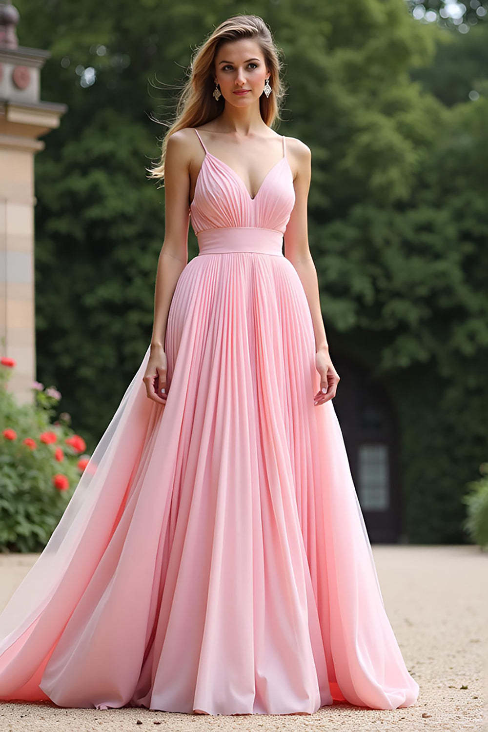 Dressystars Pink Wedding Guest Dress V-Neck A Line Ruched Long Formal Dress