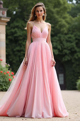 Dressystars Pink Wedding Guest Dress V-Neck A Line Ruched Long Formal Dress