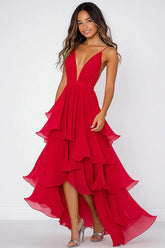 Dressystars Pleated Long Red Wedding Guest Dress V-Neck Chiffon Formal Dress