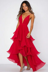 Dressystars Pleated Long Red Wedding Guest Dress V-Neck Chiffon Formal Dress