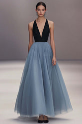 Dressystars Pleated Tulle V Neck Black Blue Wedding Guest Dress Long Formal Dress