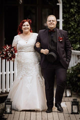 Dressystars Plus Size Wedding Dress 3/4 Sleeve Tulle Mermaid Bridal Gown with Lace Appliques