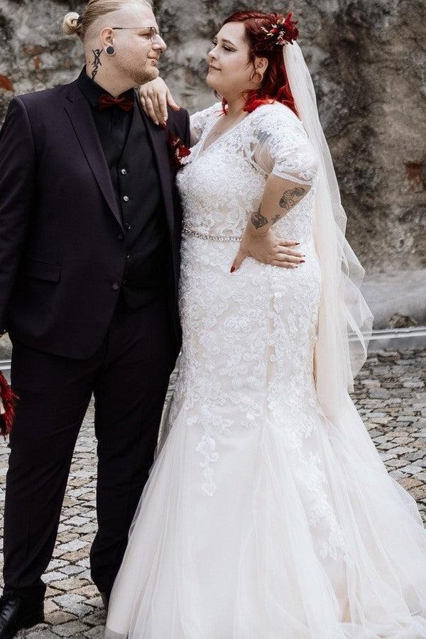 Dressystars Plus Size Wedding Dress 3/4 Sleeve Tulle Mermaid Bridal Gown with Lace Appliques