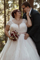 Dressystars Plus Size Wedding Dress V Neck Sparkly Cap Sleeve A Line Bridal Gown