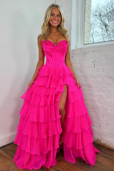 Dressystars Pretty Sweetheart A-Line Satin Top Long Layered Chiffon Prom Dress With Slit Formal Evening Gown