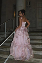Dressystars Princess A Line Spaghetti Straps Pink Long Prom Dress With Lace Ruffles Formal Evening Gown