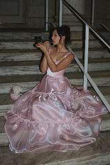 Dressystars Princess A Line Spaghetti Straps Pink Long Prom Dress With Lace Ruffles Formal Evening Gown