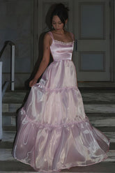 Dressystars Princess A Line Spaghetti Straps Pink Long Prom Dress With Lace Ruffles Formal Evening Gown
