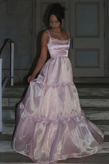 Dressystars Princess A Line Spaghetti Straps Pink Long Prom Dress With Lace Ruffles Formal Evening Gown