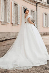 Dressystars Princess White Wedding Dress Off The Shoulder A Line V Neck Organza Satin Bridal Gown