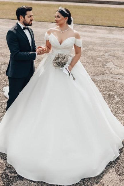 Dressystars Princess White Wedding Dress Off The Shoulder A Line V Neck Organza Satin Bridal Gown