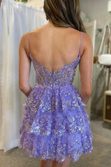 Dressystars Purple A-Line Spaghetti Straps Sequined Short Homecoming Dress