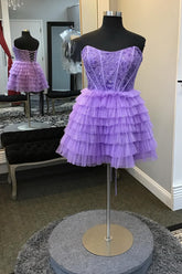 Dressystars Purple Homecoming Dress Strapless Corset A Line Short Prom Dress with Ruffles