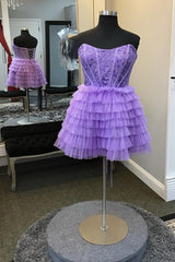 Dressystars Purple Homecoming Dress Strapless Corset A Line Short Prom Dress with Ruffles