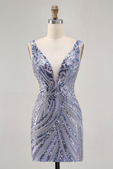 Dressystars Purple Sequin V-Neck Corset Short Homecoming Dress