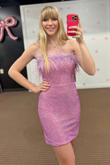 Dressystars Purple Strapless Homecoming Dresses Sequins Short Cocktail Dresses With Feather