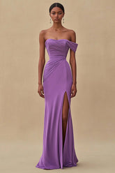 Dressystars Purple Wedding Guest Dress Mermaid Off The Shoulder Long Formal Dress With Slit