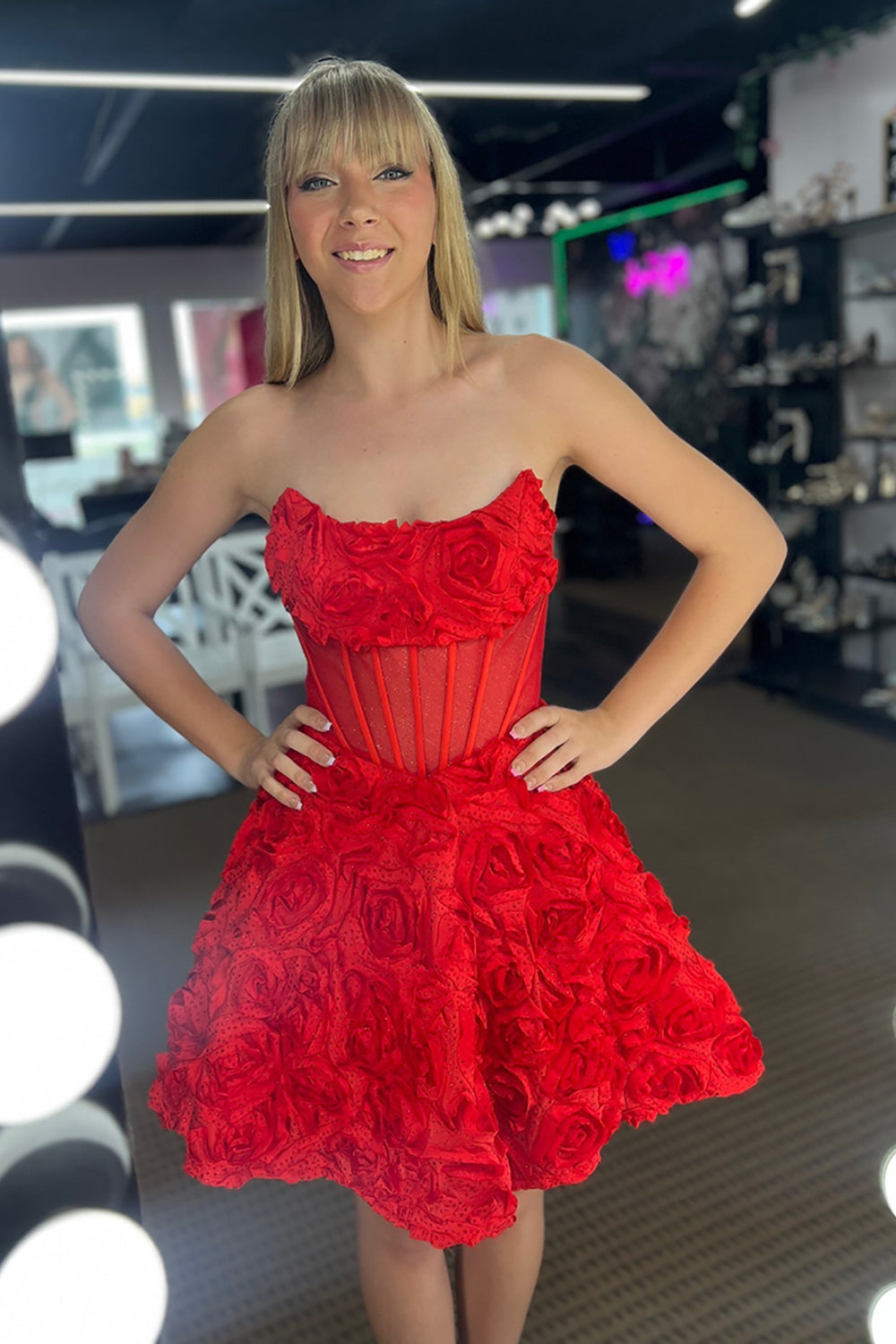 Dressystars Red Floral A Line Homecoming Dresses Strapless Short Corset Cocktail Dresses