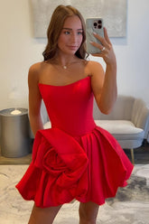 Dressystars Red Floral Strapless Satin A-Line Corset Short Homecoming Dress