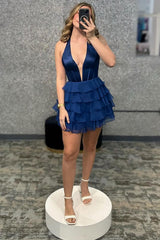 Dressystars Red Halter Ruffled Homecoming Dresses Tiered Short Corset Cocktail Dresses
