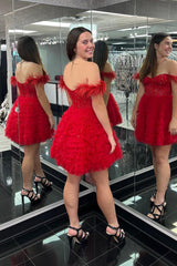 Dressystars Red Homecoming Dress Corset Off The Shoulder A Line Short Prom Dress with Feathers
