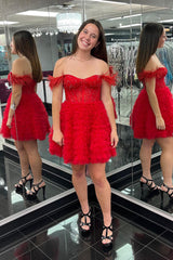 Dressystars Red Homecoming Dress Corset Off The Shoulder A Line Short Prom Dress with Feathers