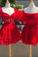 Dressystars Red Homecoming Dress Corset Strapless A-Line Short Tulle Prom Dress with Detachable Sleeves