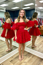 Dressystars Red Homecoming Dress Corset Strapless A-Line Short Tulle Prom Dress with Detachable Sleeves