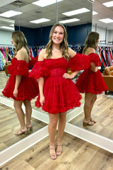 Dressystars Red Homecoming Dress Corset Strapless A-Line Short Tulle Prom Dress with Detachable Sleeves