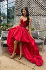Dressystars Red Homecoming Dress Mirror Strapless Corset High Low Prom Dress