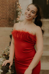 Dressystars Red Homecoming Dress Satin Tight Short Prom Dress with Feathers