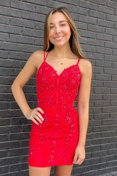 Dressystars Red Homecoming Dress Spaghetti Straps Tight Short Prom Dress With Lace