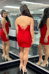 Dressystars Red Homecoming Dress Strapless Tight Short Prom Dress with Lace